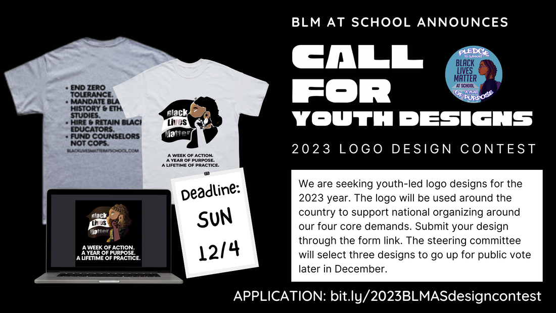 White text on top right corner of black background. A White box with black text below. The front and back of a light gray T-shirt on the left half of the background. Back of T-shirt has text of BLMAS four demands. Front has text and 2022 BLMAS logo. A laptop with the same logo on its screen below.