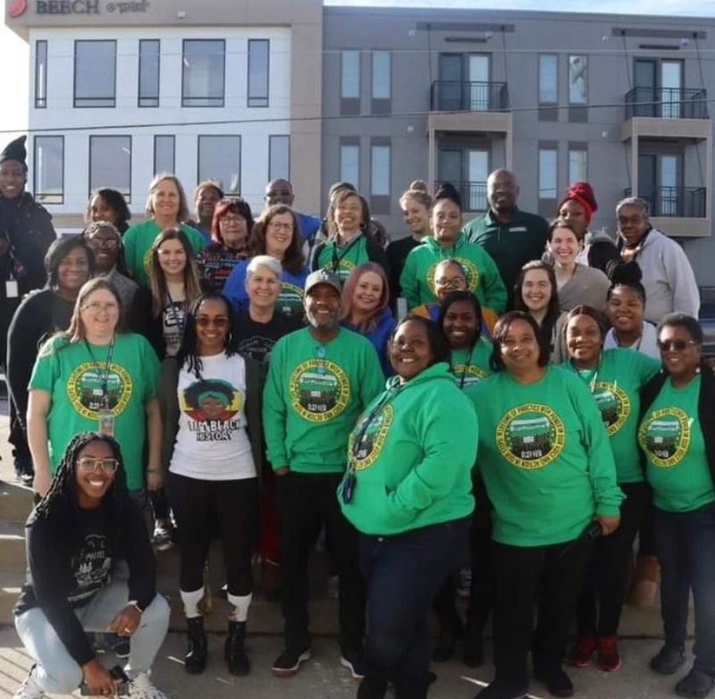 The staff of Browning Community School wearing their New Black Lives Matter at School shirts for the National Week of Action. (Instagram @mteaunion) 2023