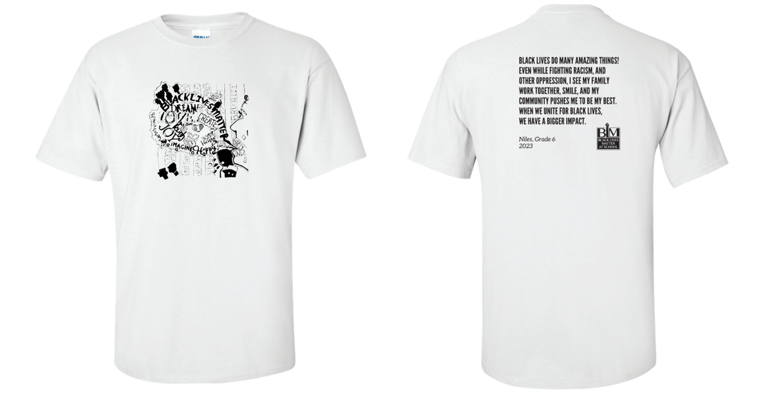 Image Description: Graphic of front and back of 2023 designed T-shirt. Word cloud and art image on front of white T-shirt. Text of artist statement on back of white T-shirt.