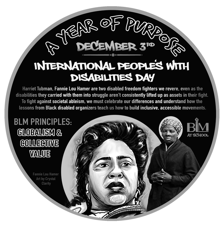 Image Description: Circle graphic celebrating International People's With Disabilities Day, with portraits of Harriet Tubman and Fannie Lou Hamer.
